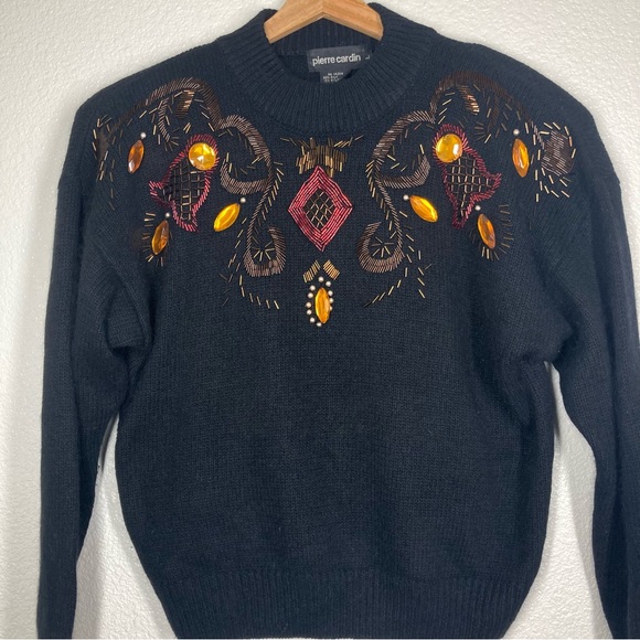 Vintage Pierre Cardin Silk Beaded Sweater Black L Rabbit Hair Shoulder Pads - Picture 3 of 14